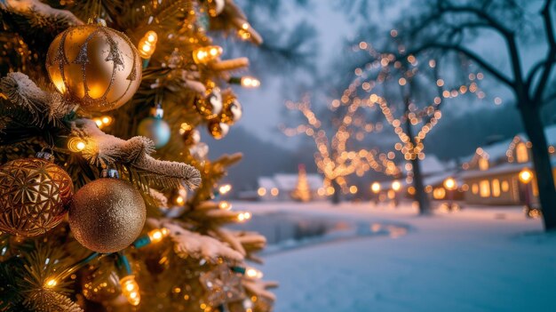 Weihnachtsbaum mit Lichtern im Hintergrund