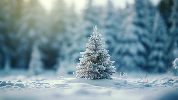 Weihnachtsbaum mit Lichtern im Winterwald mit Schnee in der frostigen Weihnachtsnacht Wunderschöne Winterurlaubslandschaft