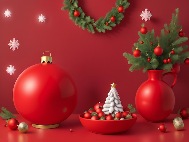 Weihnachtsbaum mit roten Kugeln und einem Holzrahmen auf rotem Hintergrund 3D-Render-Mockup