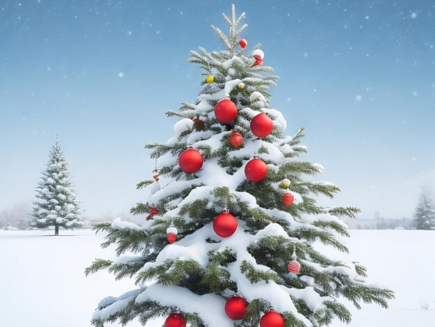 Weihnachtsbaum mit Schnee im Hintergrund