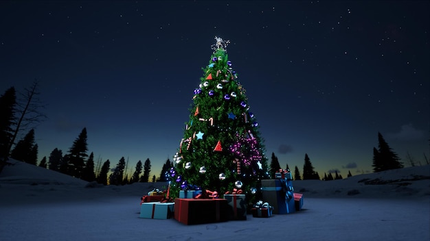 Weihnachtsbaum mit Spielzeugdekorationen und Geschenken des neuen Jahres in einem verschneiten Wald am Vorabend des neuen Jahres