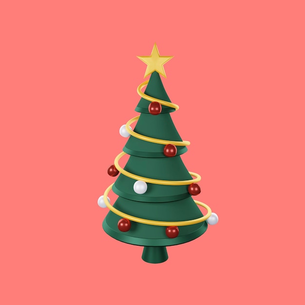 Weihnachtsbaum mit Stern, frohe Weihnachten und guten Rutsch ins Neue Jahr. 3D-Rendering