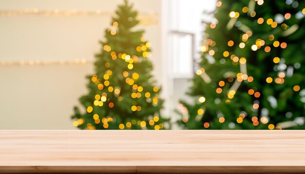 Weihnachtsbaum mit Tischplatte aus Holz und unscharfem Hintergrund vor dem Weihnachtstag