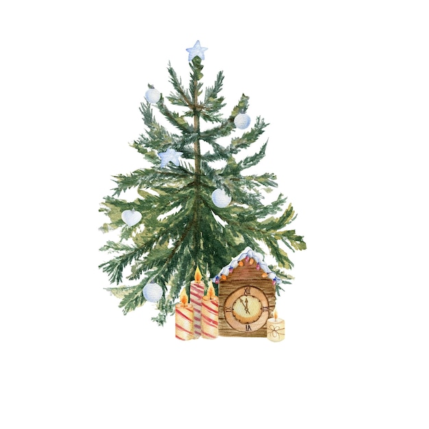 Weihnachtsbaum mit Uhr und Kerzen auf einem weißen, isolierten Hintergrund. Aquarellillustration