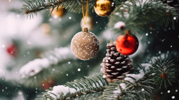 Weihnachtsbaum mit verschiedenen Ornamentkugeln mit Schneeflocken