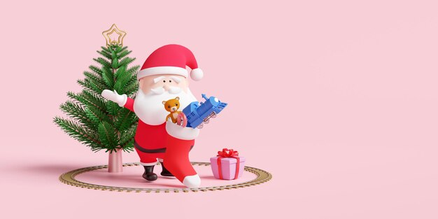 Weihnachtsbaum mit weihnachtsmann-dampfzug-spielzeug-weihnachtssocken isoliert auf rosa hintergrund für website-poster oder glückskarten weihnachtliche banner feierliches neues jahr 3d-illustration rendern