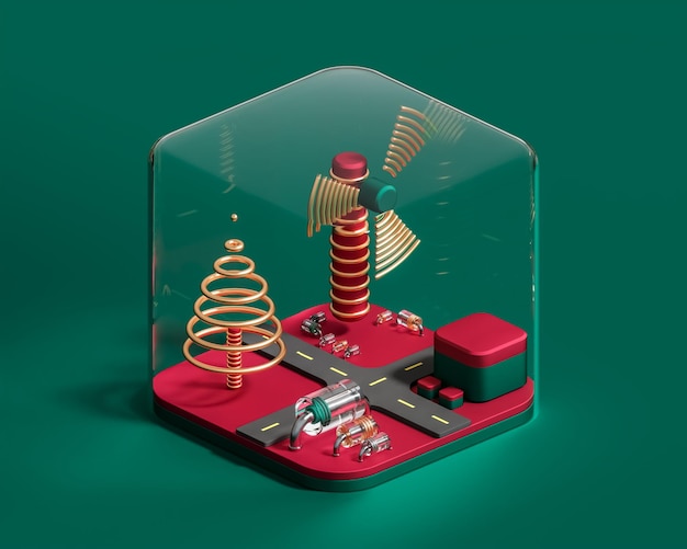 Weihnachtsbaum modernes Glaspodium und Ornamente schwarzer Hintergrund Social Media Post 3D-Rendering