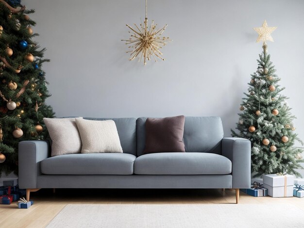 Weihnachtsbaum neben Sofa und Puff-Weihnachtsdekoration Wohnzimmer Konzept 3D-Hintergrund Illust