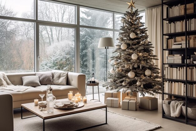 Weihnachtsbaum schmücken im skandinavischen Interieur des Wohnens