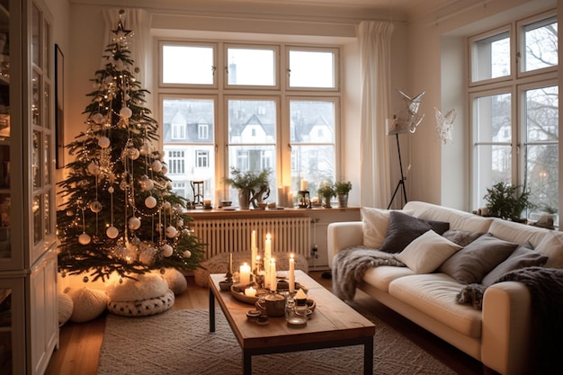 Weihnachtsbaum schmücken im skandinavischen Interieur des Wohnens