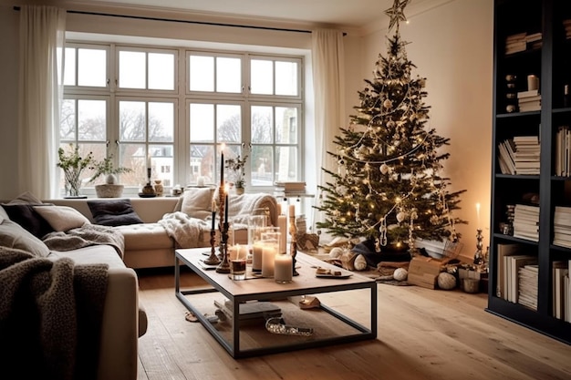 Weihnachtsbaum schmücken im skandinavischen Interieur des Wohnens