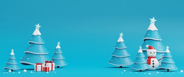 Weihnachtsbaum, Schneemann und Geschenkbox auf blau