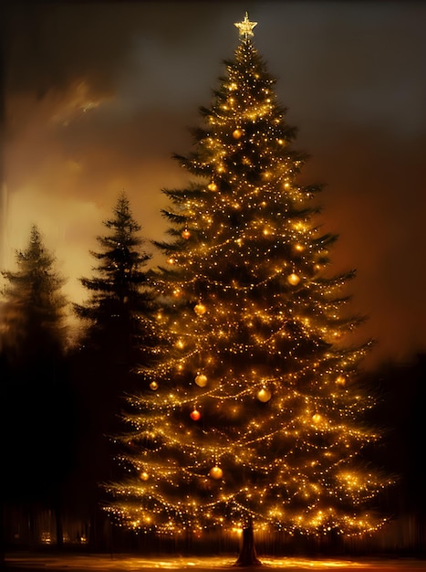 Weihnachtsbaum-Sonnenuntergang-Ölgemälde in Sepia-Farbtönen. Generativ durch KI generiert