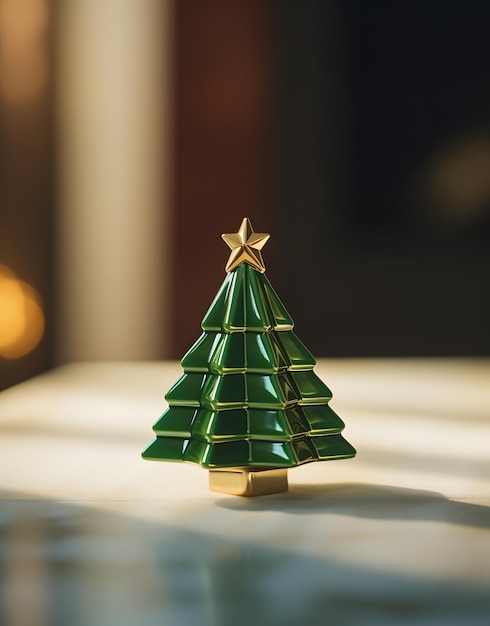 Weihnachtsbaum-Spielzeug mit goldenem Stern auf dem weißen Tisch mit verschwommenem Hintergrund