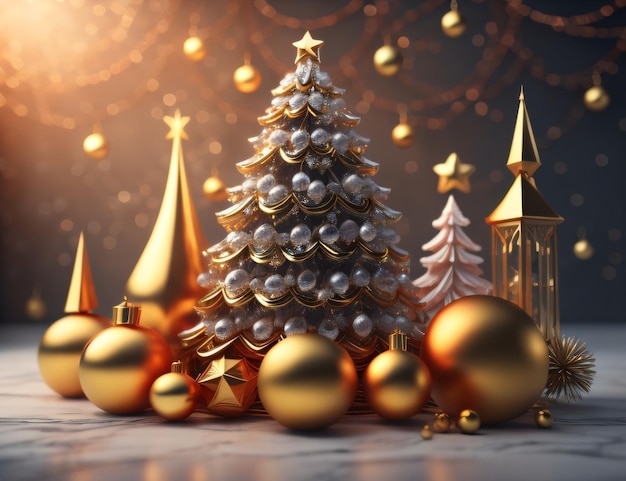 Weihnachtsbaum und eine goldene Kugel auf schwarzem Hintergrund