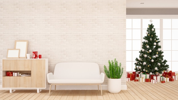 Weihnachtsbaum und Geschenkbox im Wohnzimmer