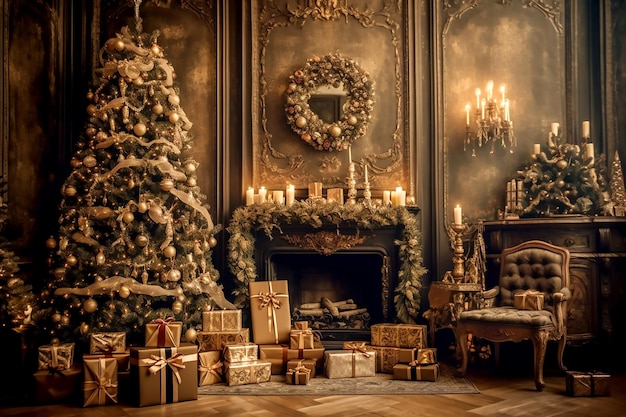 Weihnachtsbaum und Geschenkboxen mit braunen Schleifen im Innenraum. Generative KI
