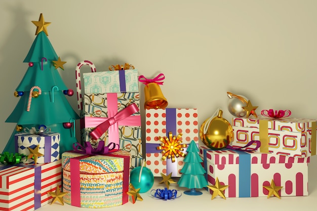 Weihnachtsbaum und Geschenkboxen mit glänzendem Ball mit leerem Raum.