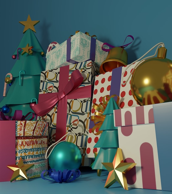 Weihnachtsbaum und Geschenkboxen mit glänzendem Ball
