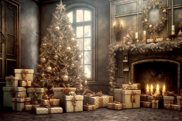 Weihnachtsbaum und Geschenkboxen mit Schleifen im Innenraum. Generative KI
