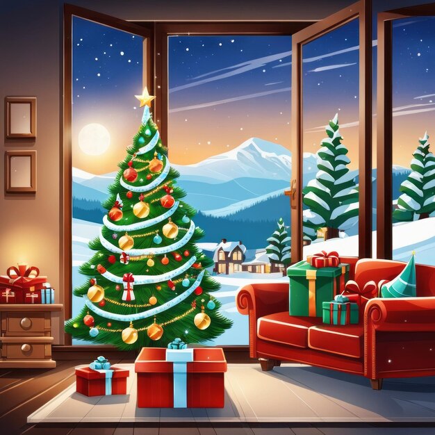 Weihnachtsbaum und Geschenke in einer luxuriösen Wohnung mit schneebedeckter Stadtansicht