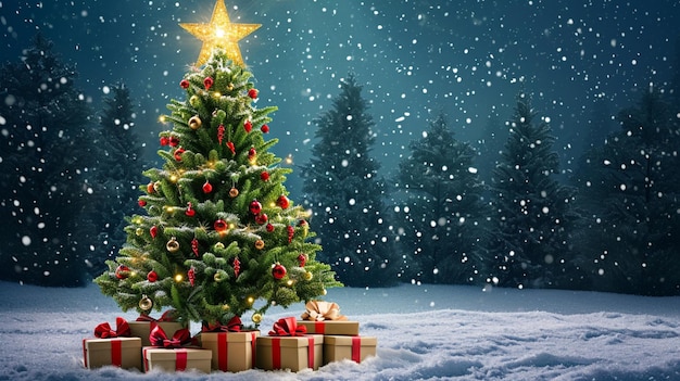 Weihnachtsbaum und Geschenkkisten auf dem Schnee in der Nacht mit glänzendem Stern und Forest Generative Ai