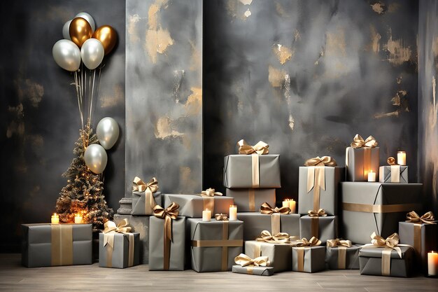 Weihnachtsbaum und graue Geschenkboxen mit beigen Schleifen im Innenraum mit generativer KI