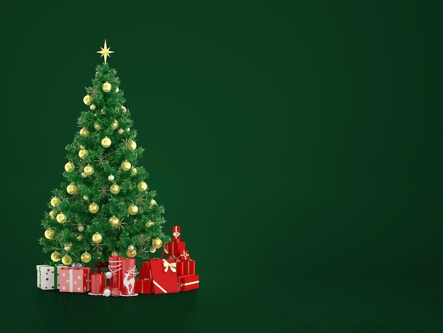 Weihnachtsbaum und guten Rutsch ins Neue Jahr-Geschenkkonzept grüner Farbhintergrund. 3D-Rendering