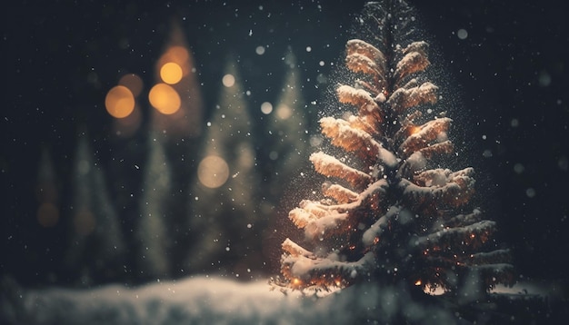 Weihnachtsbaum und leichtes Bokeh mit Schneefall, erstellt mit generativer KI