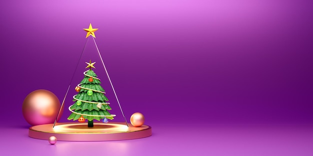 Weihnachtsbaum und Ornamente in lila oder violettfarbener Zusammensetzung für Website oder Poster oder Glückskarten Weihnachten-Banner und feierliches Neujahr realistische 3D-Illustration oder 3D-Rendering