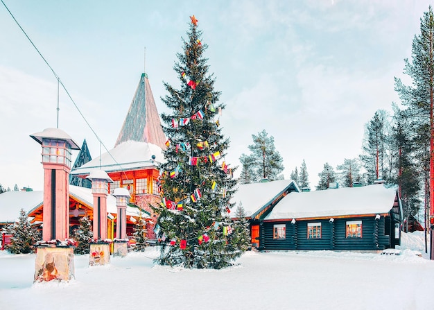 Weihnachtsbaum und Weihnachtsmanndorf in Rovaniemi in Lappland in Finnland.