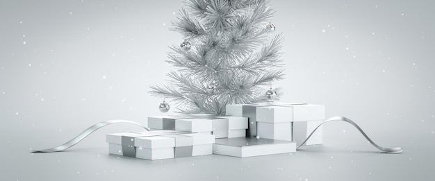 Weihnachtsbaum-Weihnachtssockel 3D-Hintergrund und abstrakte minimale Geschenkbox weißes Podium Produktbühne Winterschaufenster-Banner-Display oder Luxus-Kosmetik-Plattform-Stand mit leerem Überraschungsstudio.