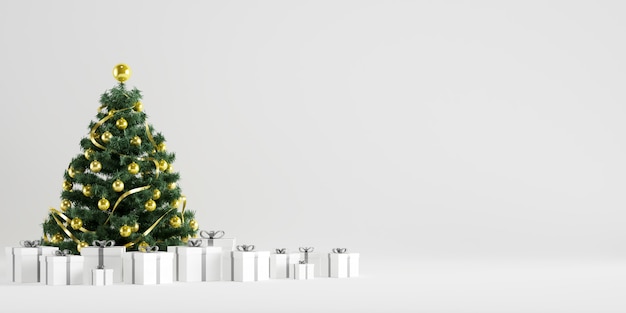 Weihnachtsbaum-Winter-Dekoration mit Geschenkboxen im weißen Hintergrund