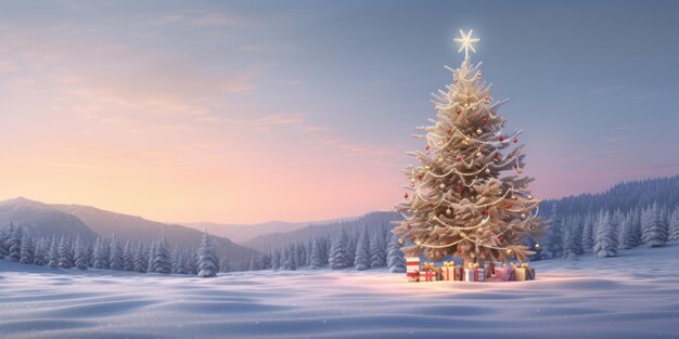 Weihnachtsbaumdekoration auf Schnee mit Geschenk-Bokeh-Lichtkopierraum
