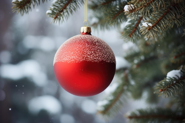 Weihnachtsbaumdekoration, rote Weihnachtskugel, Nahaufnahme, die an einem Tannenbaum hängt