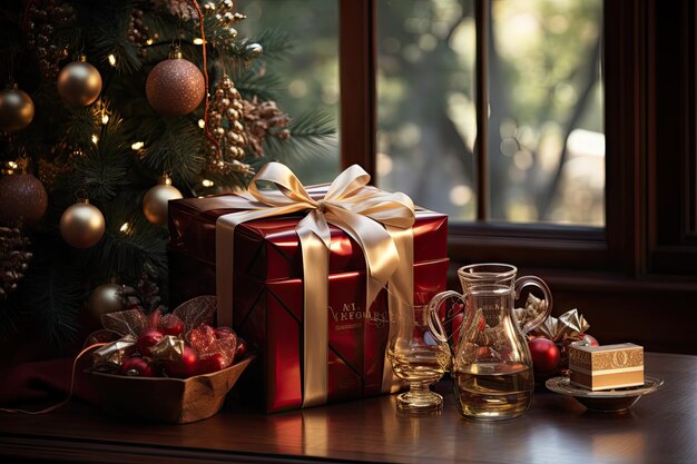 Foto weihnachtsbaumdekorationen mit lichtern und geschenken für kinder