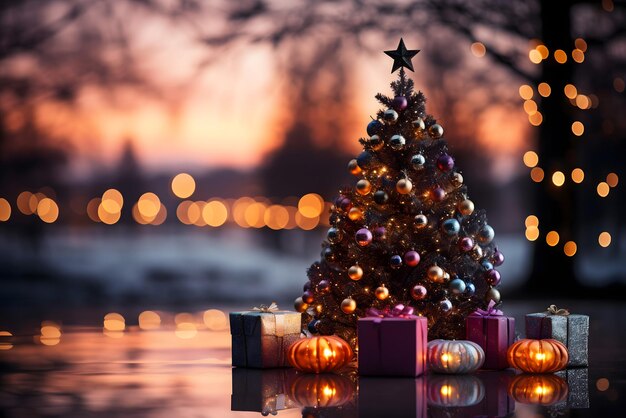 Foto weihnachtsbaumdekorationen weihnachtsmann mit geschenken schneemann im schnee weihnachtsgeschenkkisten