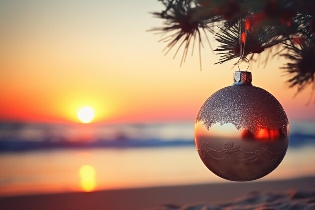 Foto weihnachtsbaumgläserkugel bei sonnenuntergang am tropischen strand