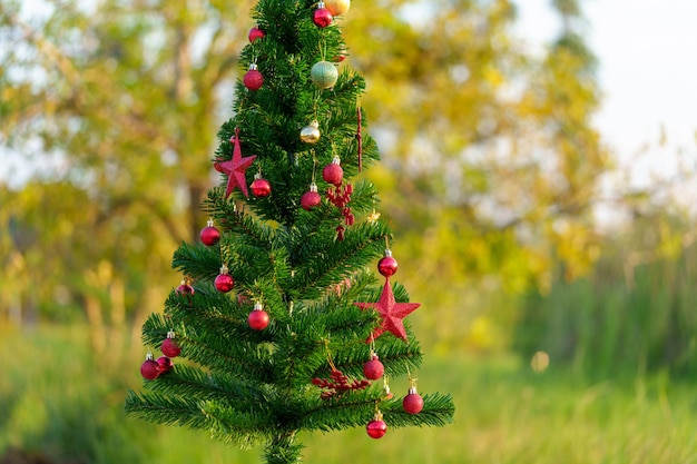 Weihnachtsbaumhintergrund und geschmückter Weihnachtsbaum auf verschwommenem Hintergrund