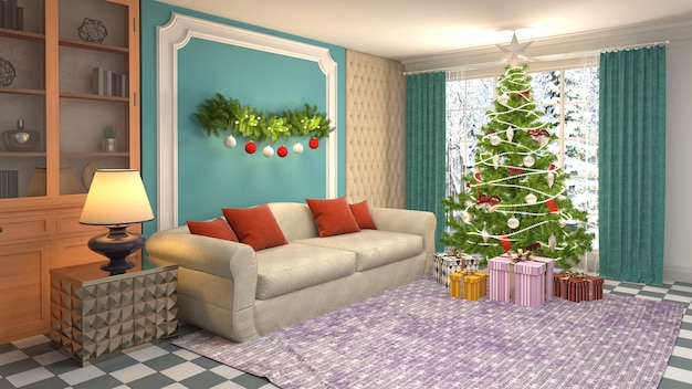 Weihnachtsbaumillustration im Wohnzimmerinnenraum