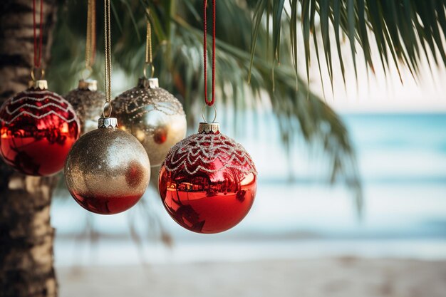 Weihnachtsbaumkugeln auf Palmenzweigen vor dem Hintergrund des Ozeans