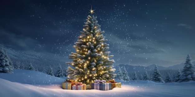 Weihnachtsbaumlicht in der Nacht Dekoration mit Geschenk auf dem Schnee