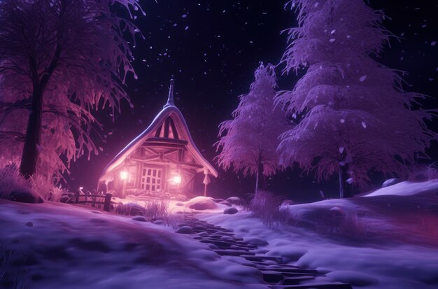 Weihnachtsbaumlichter in der Nacht und Winterszene
