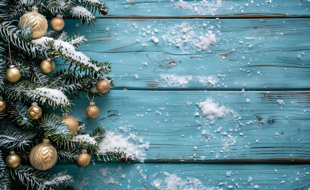 Foto weihnachtsbaumzweig mit schnee und dekorationen auf blauem holzhintergrund