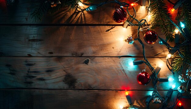 Weihnachtsbeleuchtung auf weißem Holztischhintergrund, Draufsicht, Tageslicht