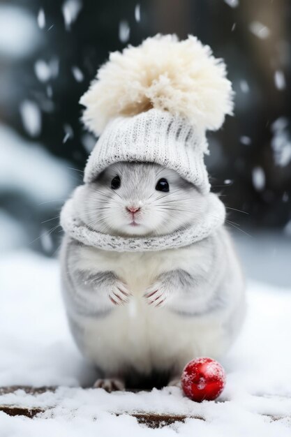 Weihnachtschinchilla im Miniatur-Schneemannkostüm verziert Hintergrund mit leerem Platz für Text