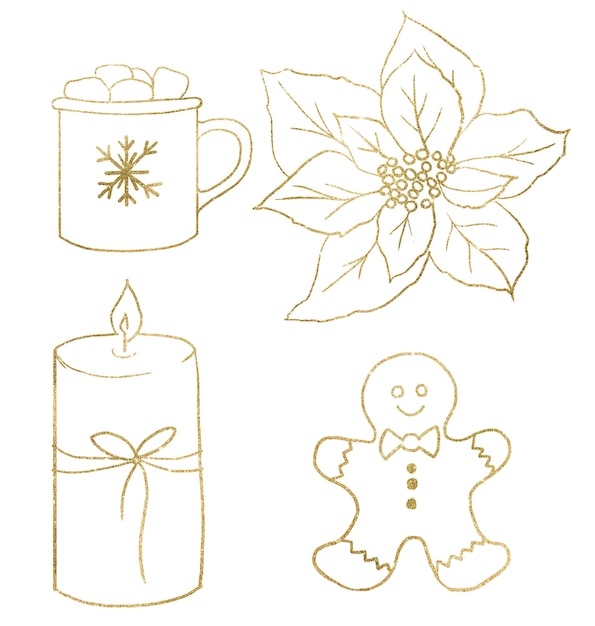 Foto weihnachtscliparts mit poinsettia-blumenkerzenbecher und goldenen umrissen der cookie-illustration