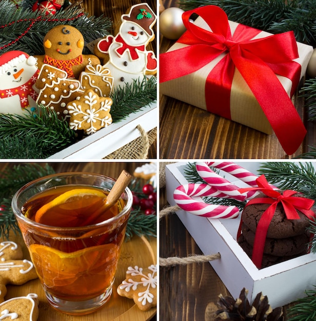 Weihnachtscollage Weihnachts-Lebkuchen-Geschenkbox und Glühwein auf dem hölzernen Hintergrund Closeup