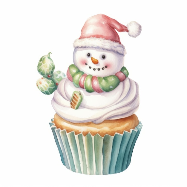 Weihnachtscupcake mit Schneemann auf weißem Hintergrund Aquarellillustration