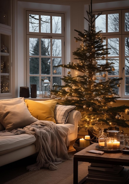 Weihnachtsdämmerung mit Baumlichtern, die eine gemütliche Ecke erleuchten